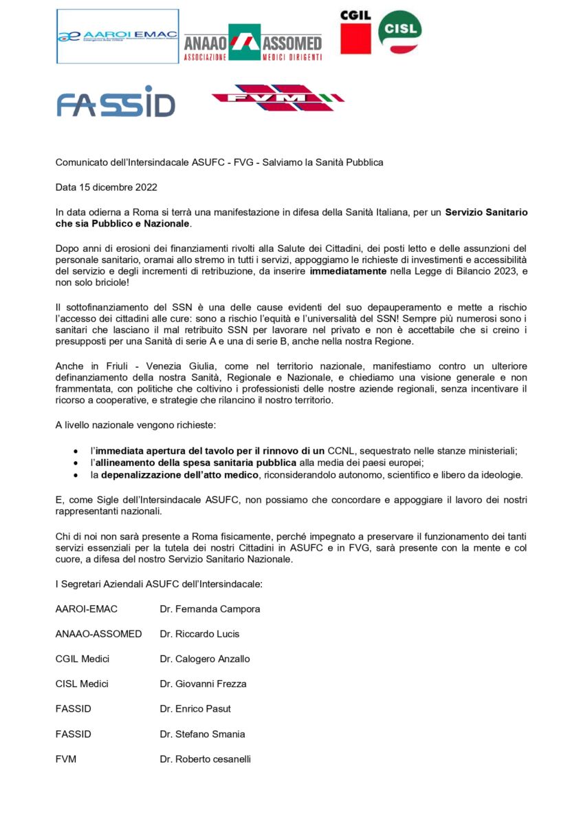 Comunicato stampa intersindacale ASUFC FVG 15.12.2022